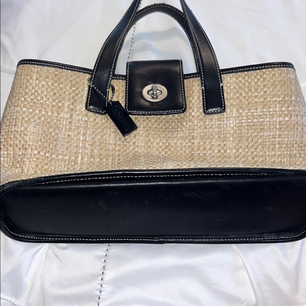 Coach Black Leather & Tan Woven Tote Bag - Picture 5 of 5